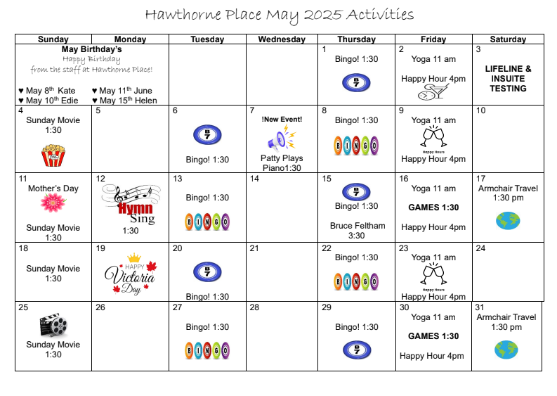 Hawthorne Place May Activity Calendar