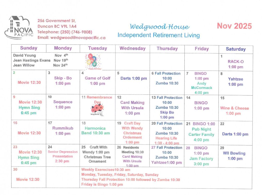 Wedgwood House November 2025 Activity Calendar