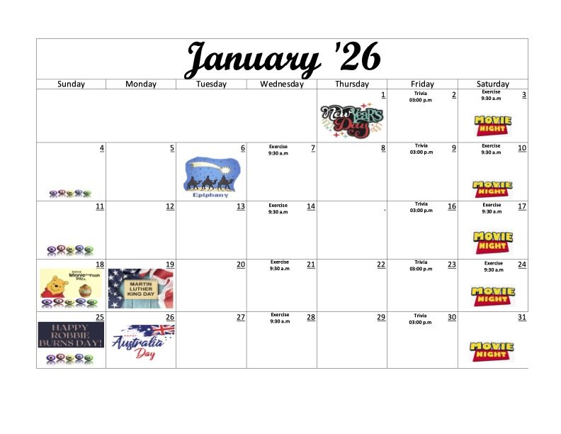 The Camelot Activity Calendar Jan 2026
