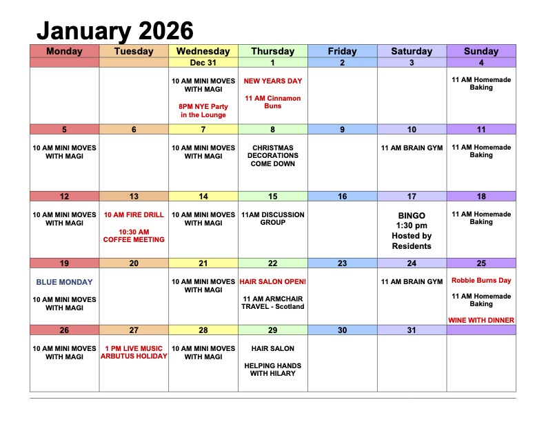Stevenson Place Activity Calendar January 2026