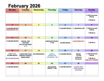 Stevenson Place February 2026 activities calendar featuring events such as mini movies, homemade baking, brain gym, bingo, live music, discussion group, armchair travel, pop-up boutique, and holiday observances including Groundhog Day, Valentine’s Day, Family Day, Lunar New Year, and Ash Wednesday.