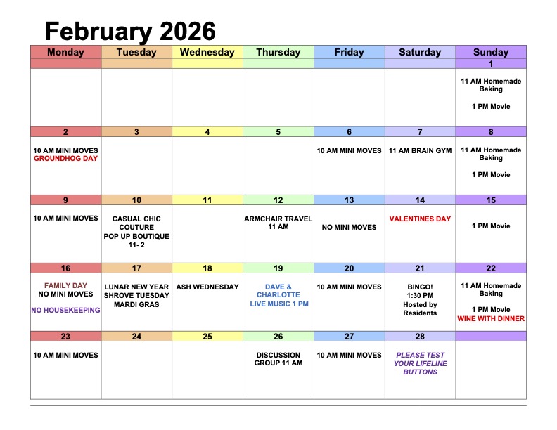 Stevenson Place February 2026 activities calendar featuring events such as mini movies, homemade baking, brain gym, bingo, live music, discussion group, armchair travel, pop-up boutique, and holiday observances including Groundhog Day, Valentine’s Day, Family Day, Lunar New Year, and Ash Wednesday.