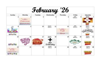 February 2026 activity calendar for The Camelot showing weekly events including exercise sessions, trivia afternoons, movie nights, holiday celebrations such as Valentine’s Day, Chinese New Year, Family Day, and resident birthday recognitions.