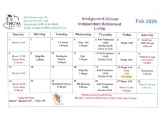 Wedgwood House Independent Retirement Living February 2026 activities calendar featuring events such as movie afternoons, bingo, fall protection sessions, zumba, games like crib and skip-bo, live music, pub night, wine and cheese, and weekly exercise sessions.