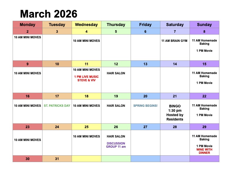 March 2026 Stevenson Place activity calendar featuring recurring Mini Movies, Sunday baking and movies, bingo, live music, and special events.