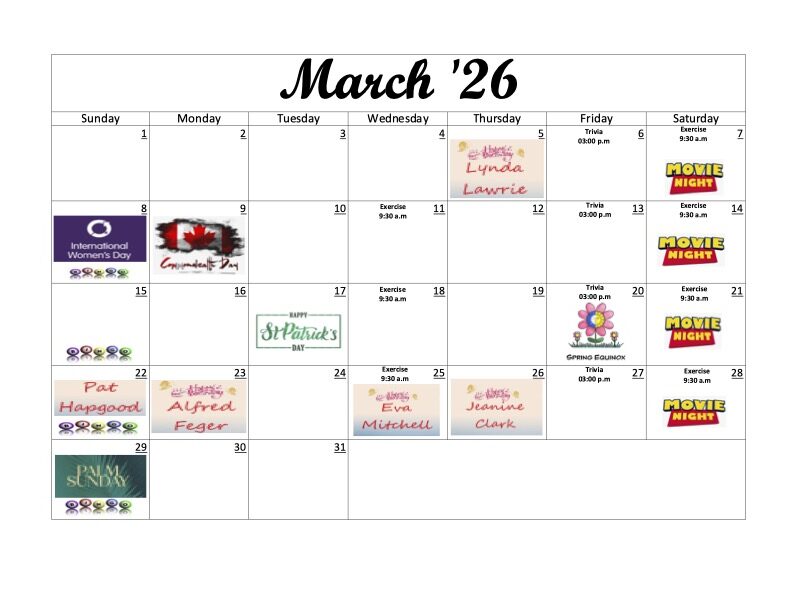 The Camelot March 2026 activity calendar showing weekly exercise sessions, Movie Night on Saturdays, themed events including St. Patrick’s Day, International Women’s Day, and Spring Equinox.