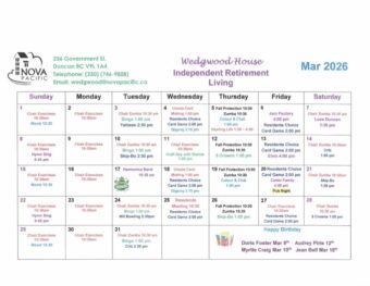 March 2026 activity calendar for Wedgwood House Independent Retirement Living showing daily resident activities and events.