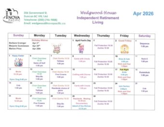 April 2026 activity calendar for Wedgwood House, showing daily scheduled events, holidays like Good Friday, and resident activities in a weekly calendar layout.