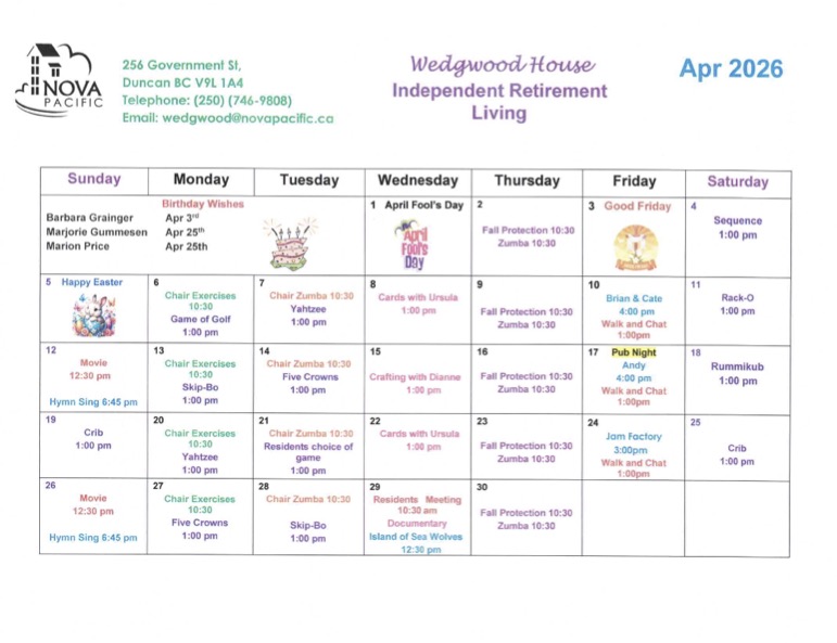 April 2026 activity calendar for Wedgwood House, showing daily scheduled events, holidays like Good Friday, and resident activities in a weekly calendar layout.