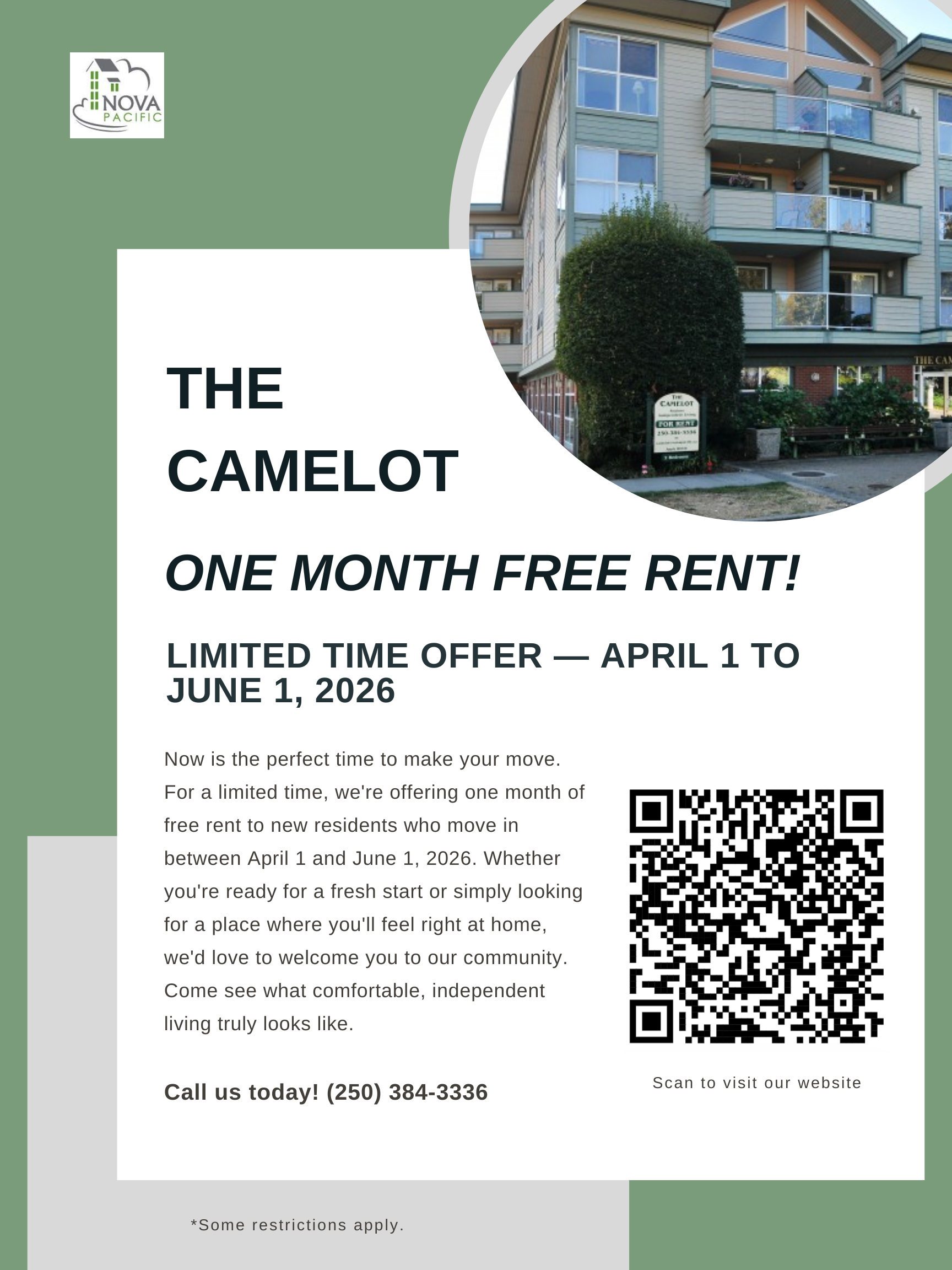 Promotional graphic for The Camelot residence offering one month free rent for new residents moving in between April 1 and June 1, 2026.