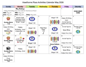 May 2026 Hawthorne Place activities calendar with bingo, movies, armchair yoga, games, travel, birthdays, holidays, and special events.