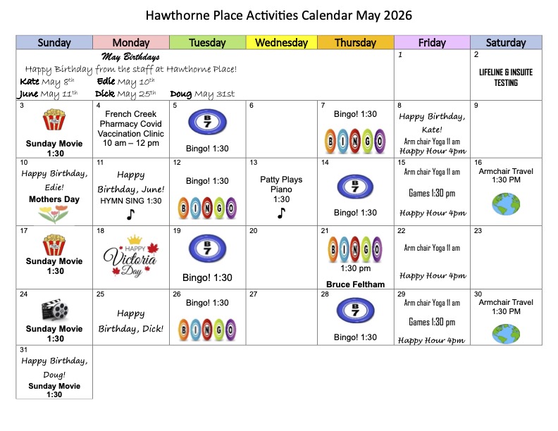 May 2026 Hawthorne Place activities calendar with bingo, movies, armchair yoga, games, travel, birthdays, holidays, and special events.