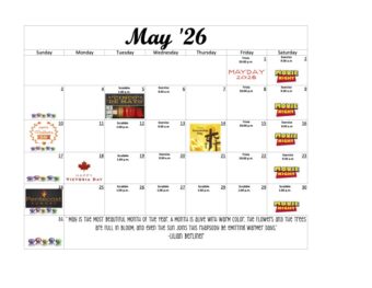 May 2026 The Camelot activities calendar with exercise, Scrabble, trivia, movie nights, holidays, birthdays, and special community events.