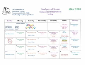 May 2026 Wedgwood House activities calendar with chair exercises, bingo, Zumba, cards, hymn sing, walks, crafts, teas, and resident events.