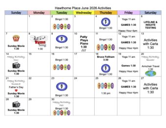 Hawthorne Place June 2026 activities calendar showing scheduled resident programs, including bingo, yoga, games, happy hour, Sunday movies, music, and special activities.