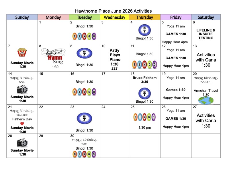 Hawthorne Place June 2026 activities calendar showing scheduled resident programs, including bingo, yoga, games, happy hour, Sunday movies, music, and special activities.