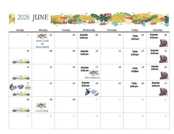 The Camelot June 2026 activities calendar showing scheduled resident programs, including exercise classes, trivia, birthday celebrations, and special June events.