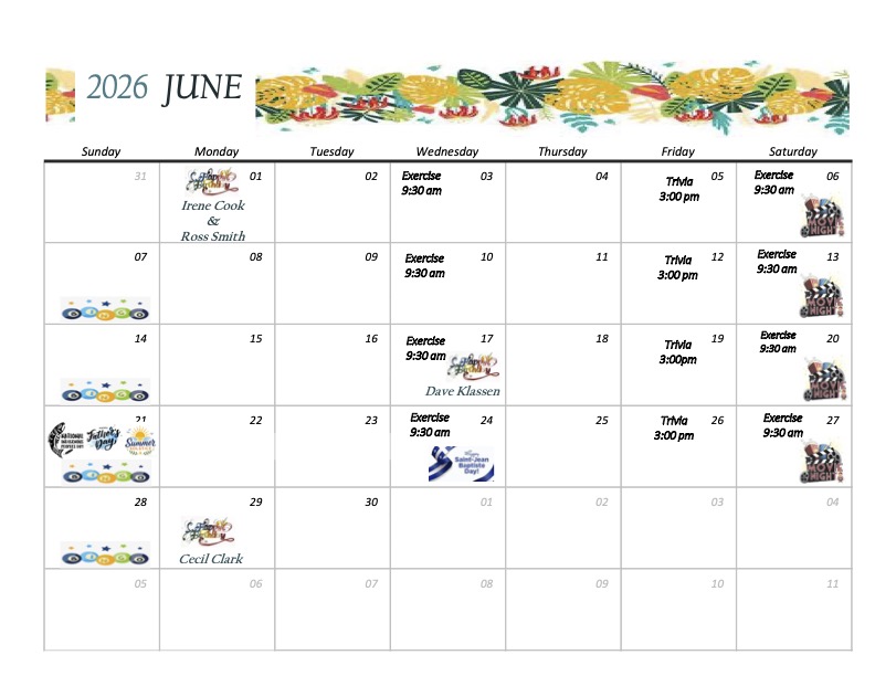 The Camelot June 2026 activities calendar showing scheduled resident programs, including exercise classes, trivia, birthday celebrations, and special June events.