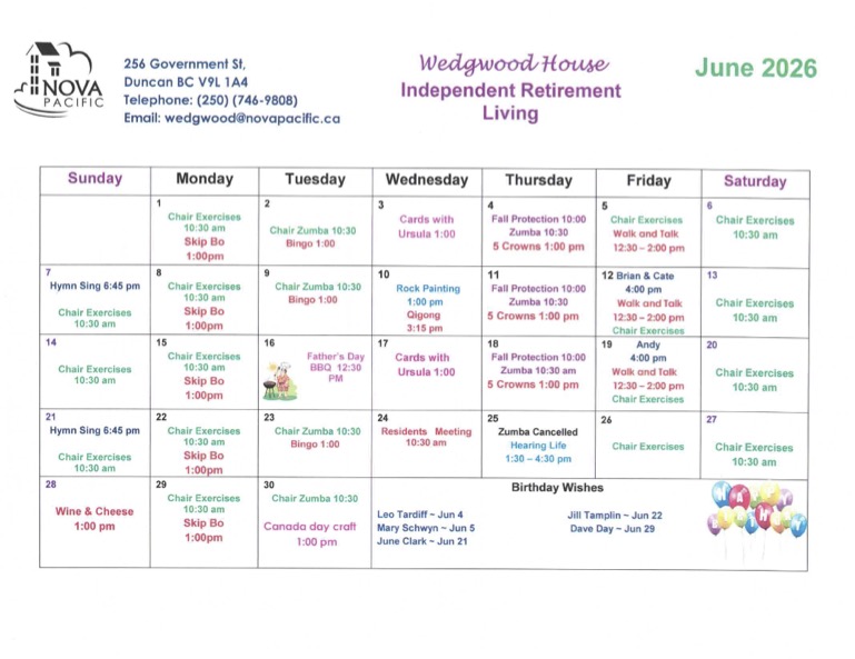 June 2026 activities calendar for Wedgwood House Independent Retirement Living, showing resident activities such as chair exercises, bingo, hymn sing, cards, painting, walk and talk, and birthday wishes.