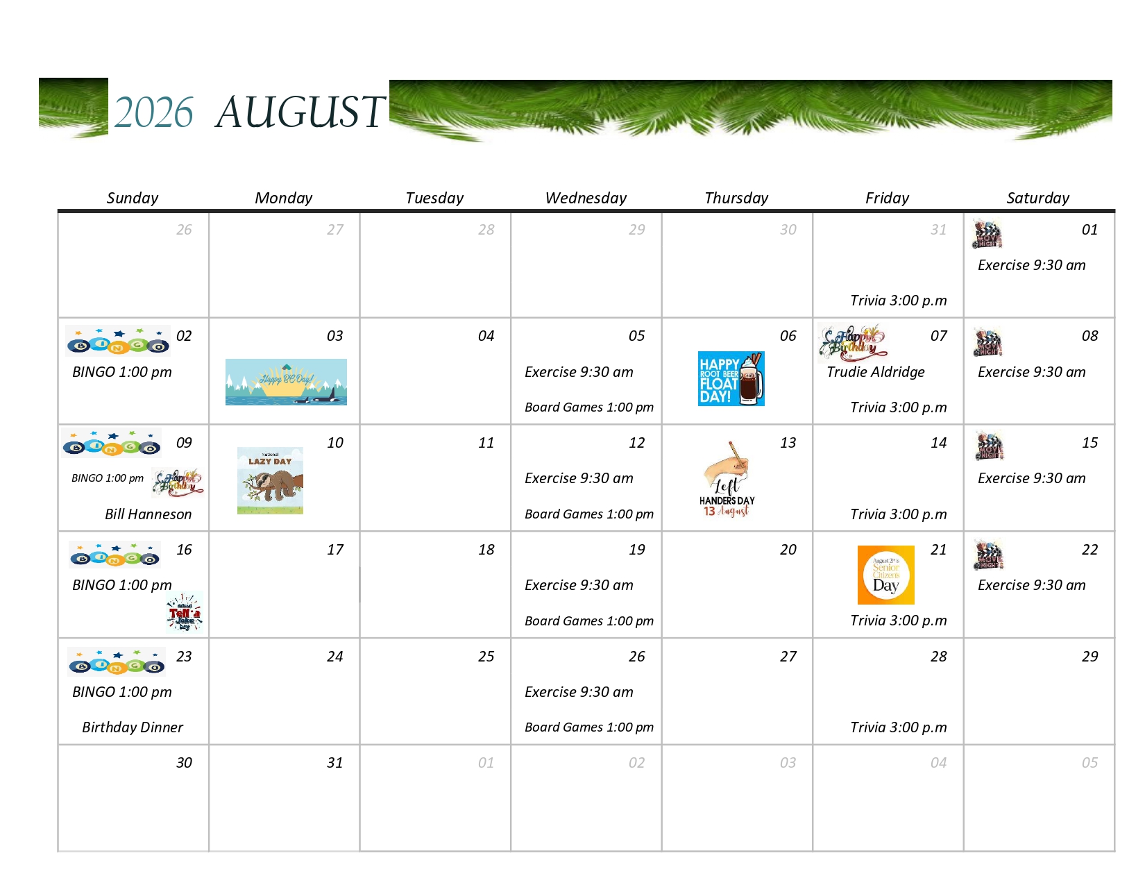 August 2026 Activity Calendar