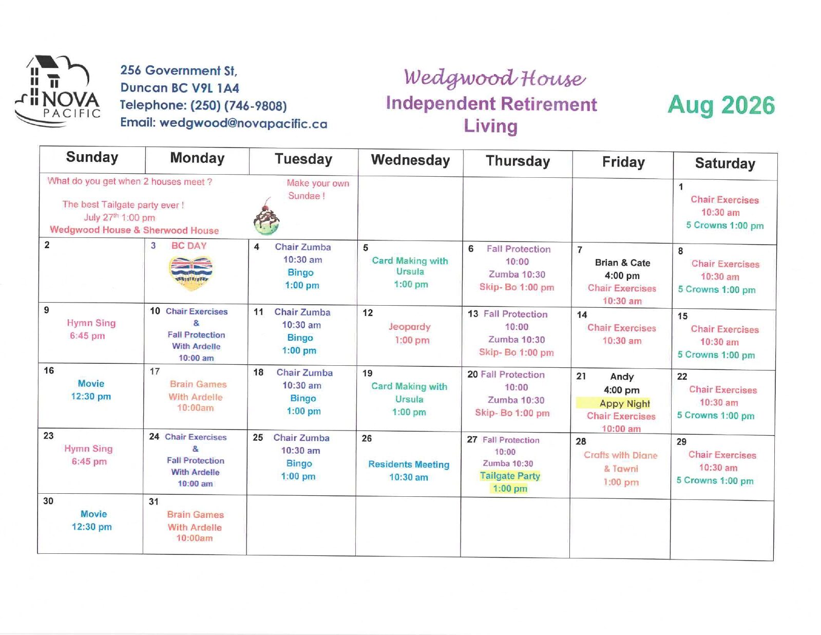 August 2026 Activity Calendar