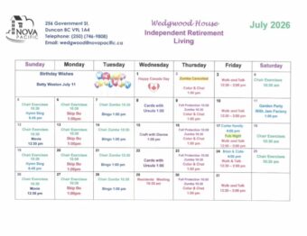 Wedgwood House July 2026 activity calendar featuring chair exercises, Zumba, bingo, cards, walk and talk, coffee chat, pub night, garden party, and resident events.