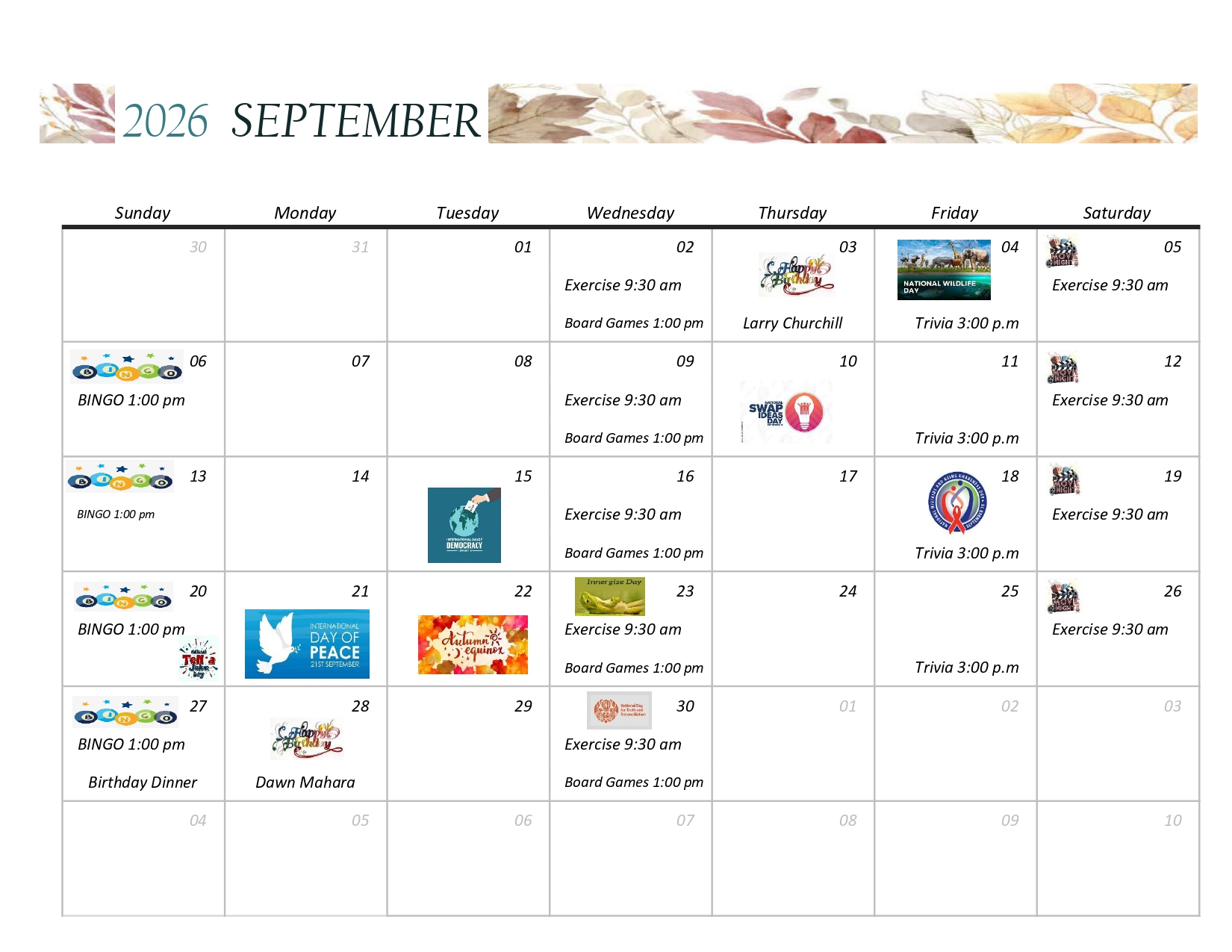 September 2026 Activity Calendar