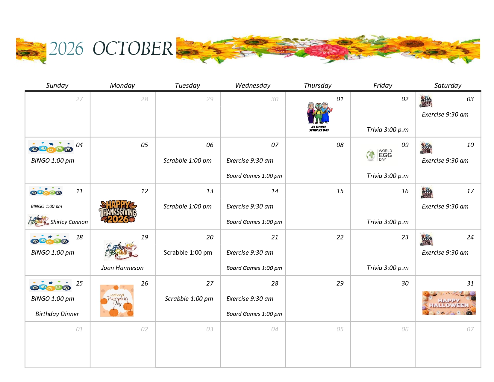 October 2026 Activity Calendar