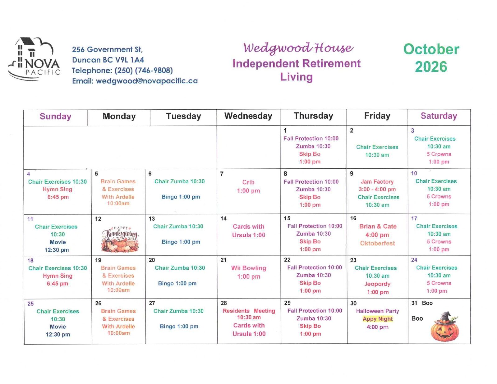 October 2026 Activity Calendar